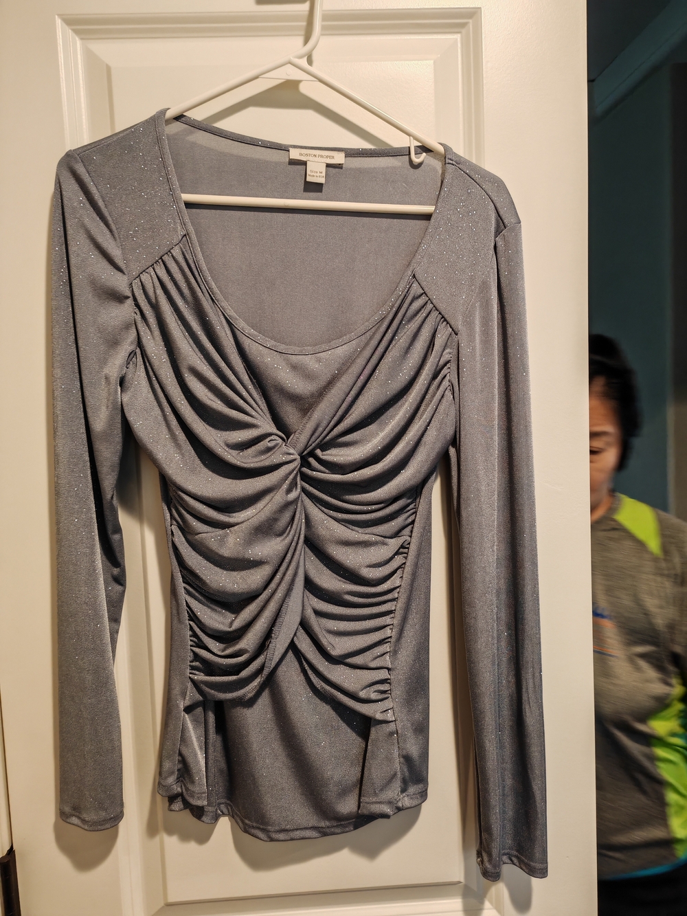 Boston Proper Silver-Gray Ruched Long Sleeve Top